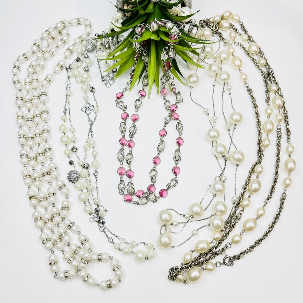 5pc Vintage to Now Bundle Lot - Long Faux Pearl Necklaces